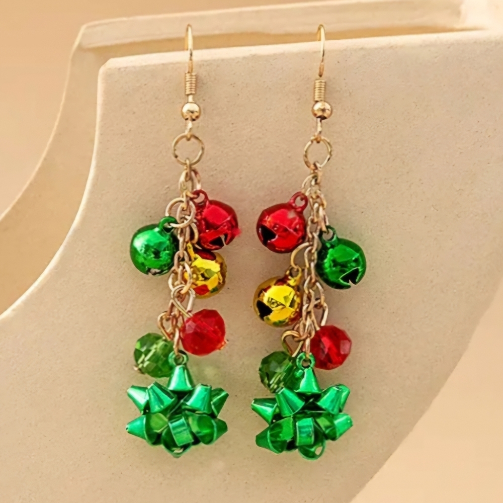 Multicolor Dangle Earrings with Christmas Green Bow and Balls - Picture 4 of 9